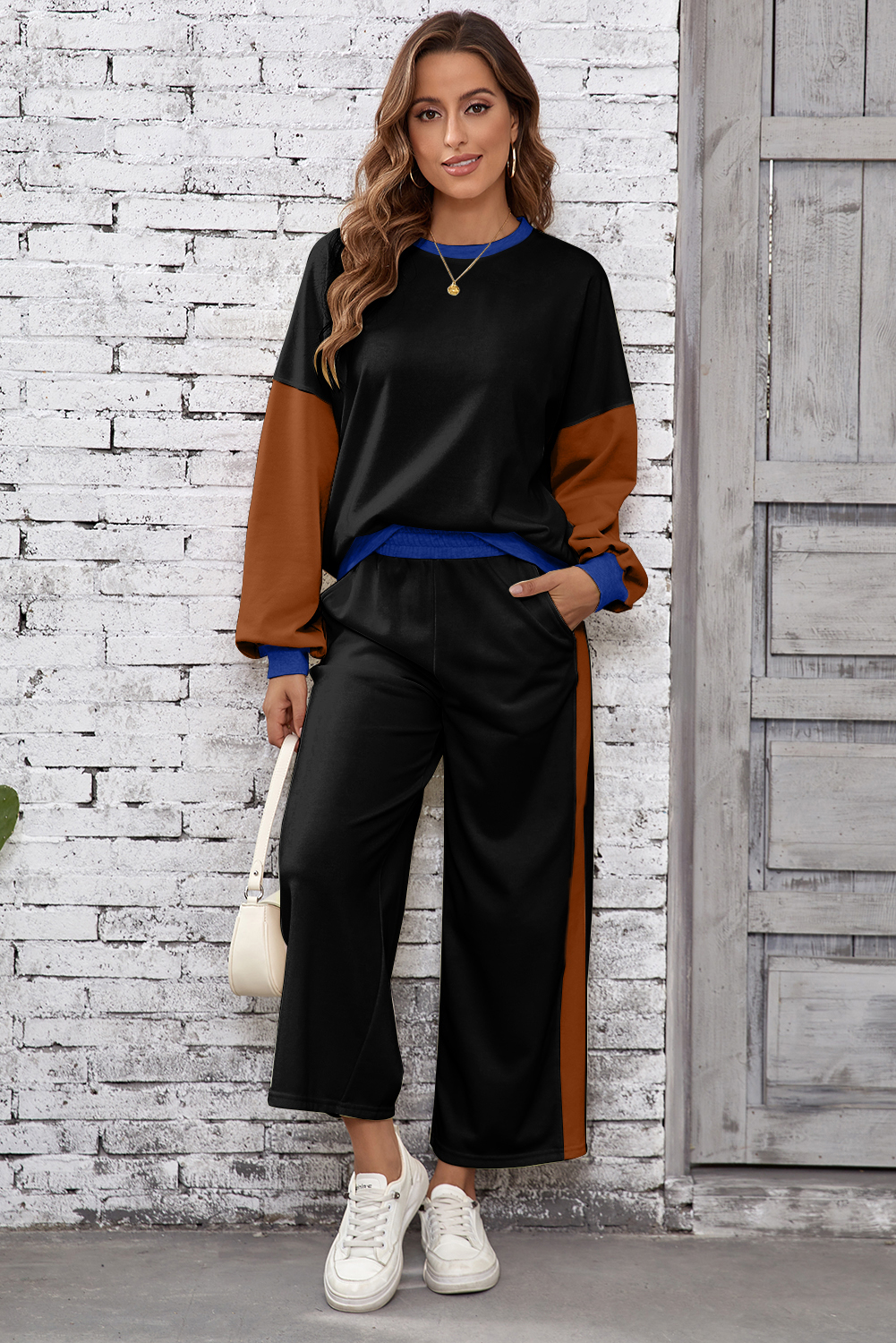 Black 2pcs Color Block Pullover Loose Pant Set - Image 3