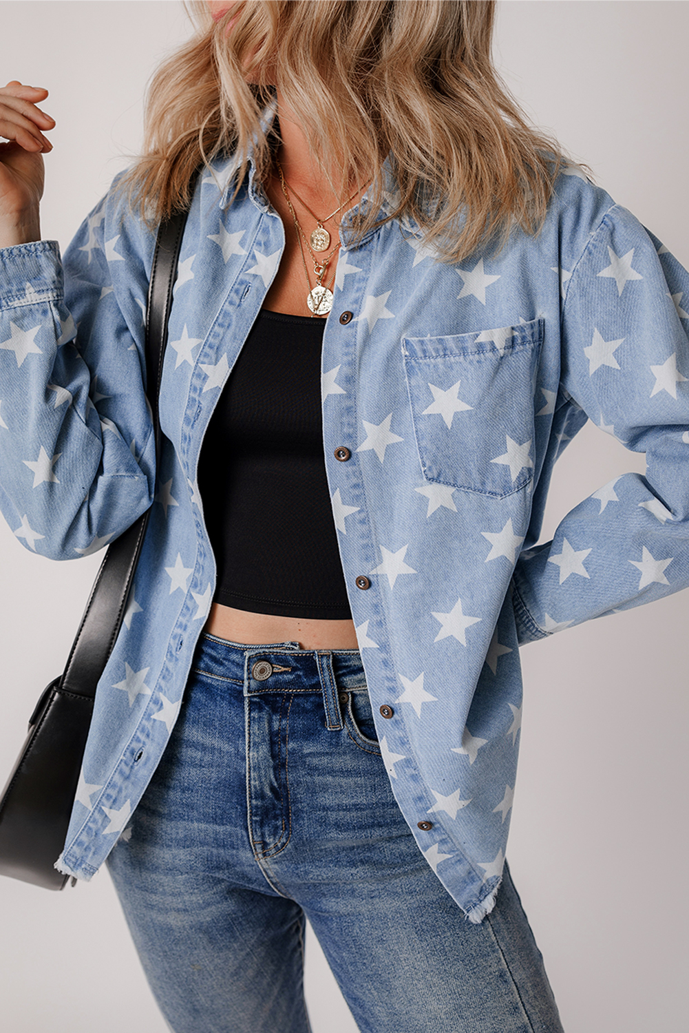 Sky Blue Star Print Light Wash Raw Hem Denim Jacket - Image 6
