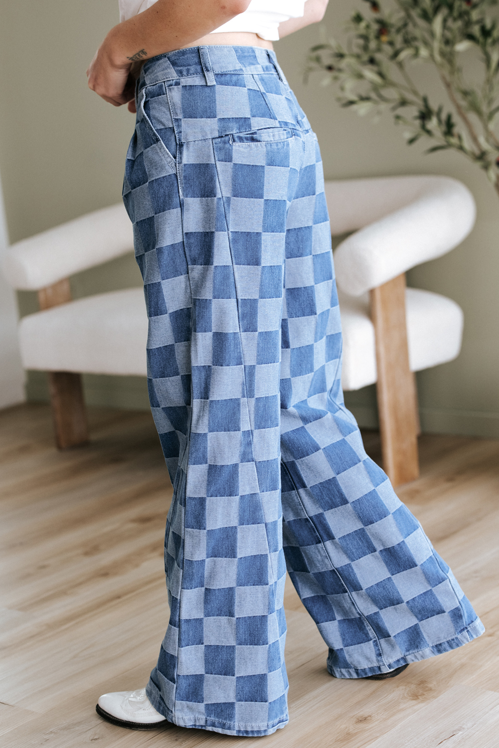 Dusk Blue Checkered Denim Wide Leg Jeans - Image 3