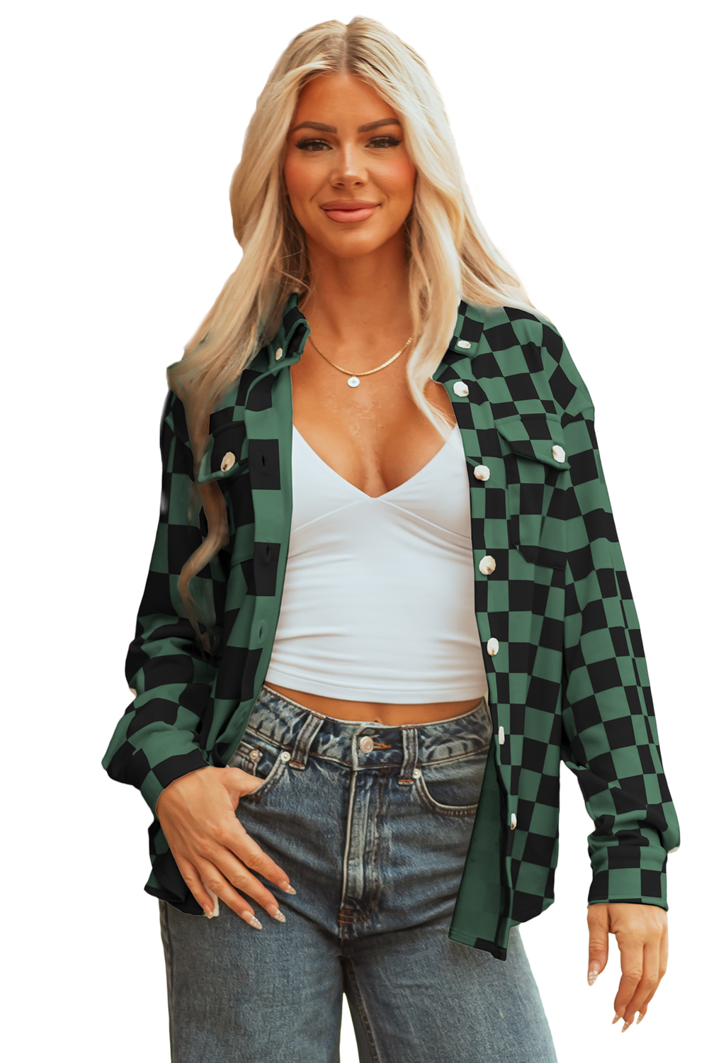Green Checkerboard Flap Pocket Button Front Shacket - Image 4