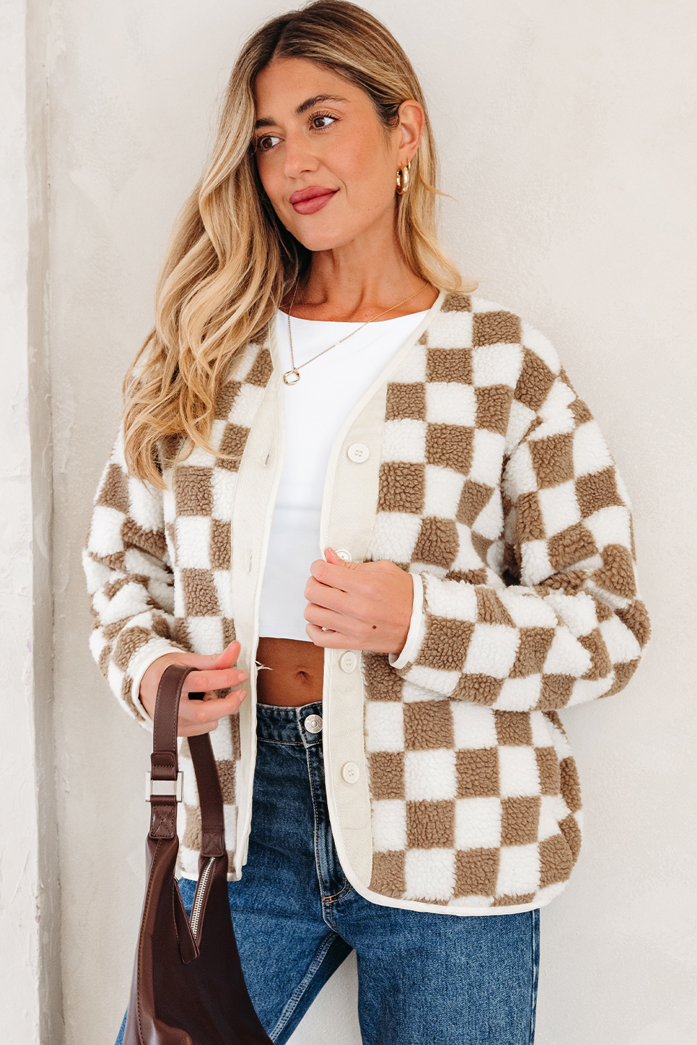 Brown Checkered Sherpa Buttoned Front Chunky Jacket - Image 3