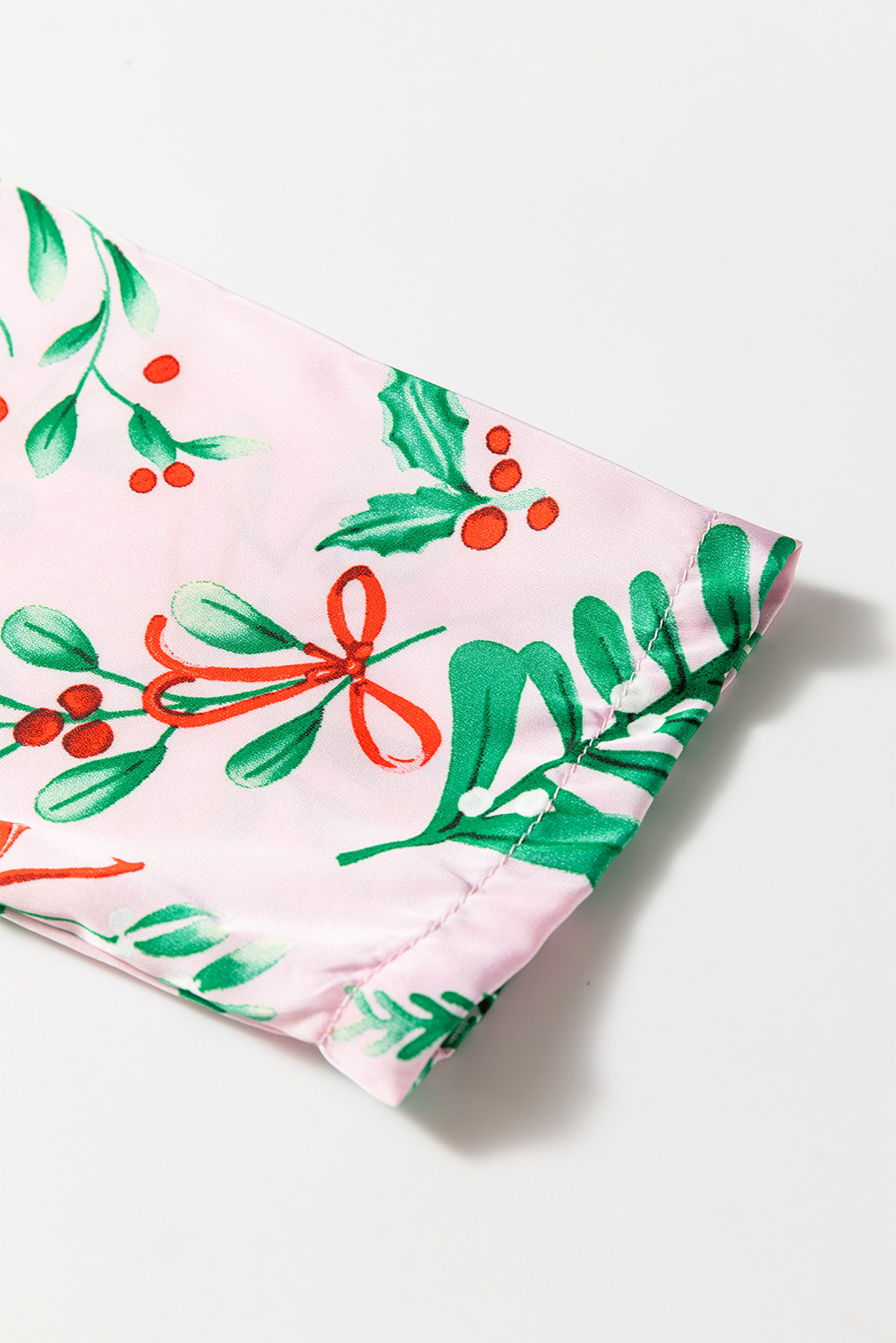 Pink Christmas Berries Plant Print Satin Long Sleeve Pajama Set - Image 7
