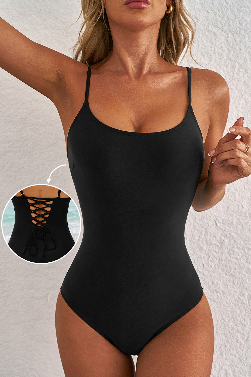 Black Thin Strap Strappy Lace-up Open Back One Piece Swimsuit
