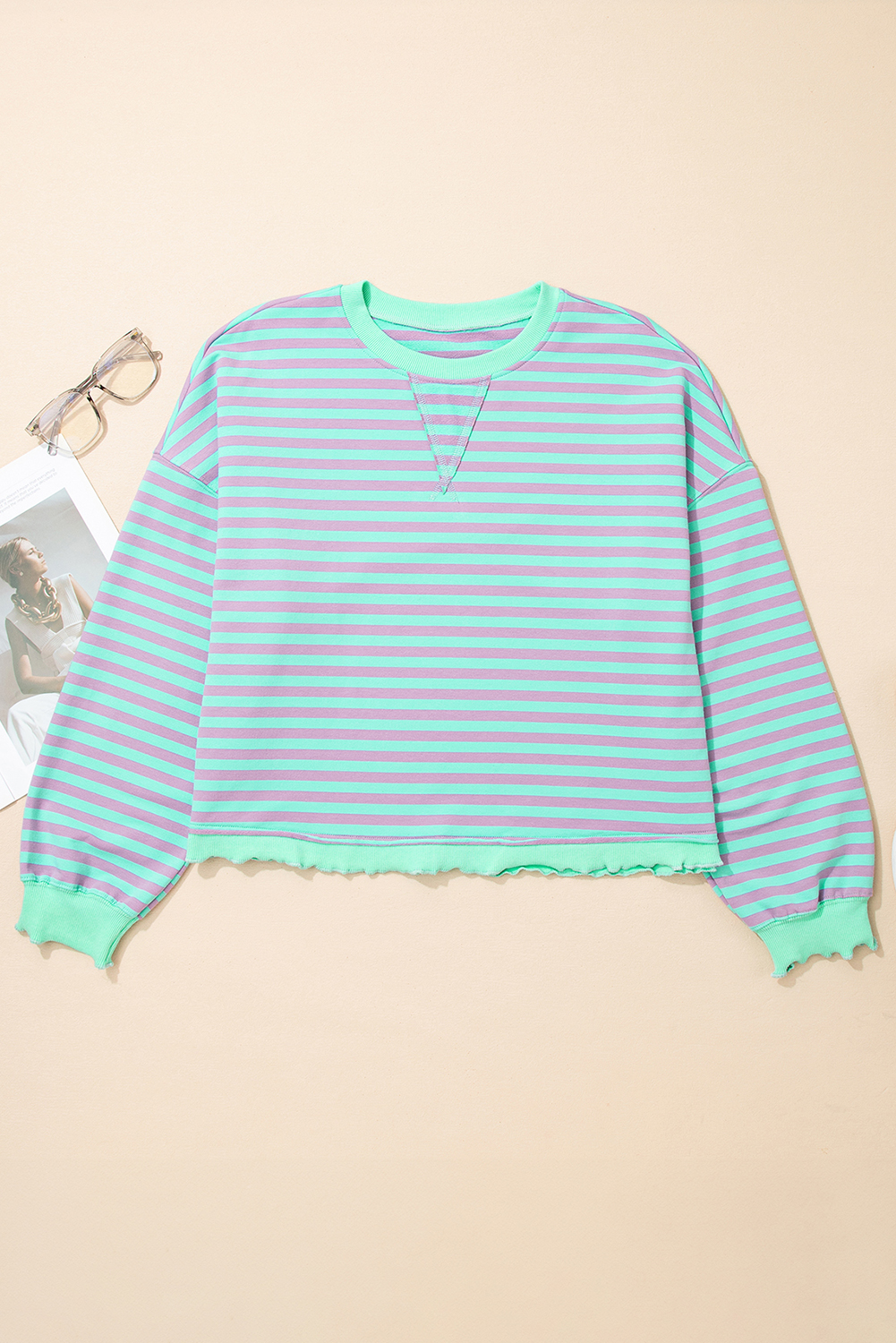 Green Stripe Exposed Seam Contrast Ribbed Trim Oversize Sweatshirt - Image 5