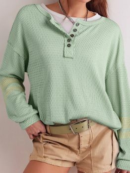 Meadow Mist Green Textured Knit Drop Shoulder Color Block Detail Long Sleeve Henley Top