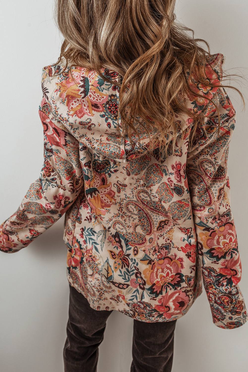 Beige Vintage Paisley Floral Printed Sherpa Lined Hooded Jacket - Image 2