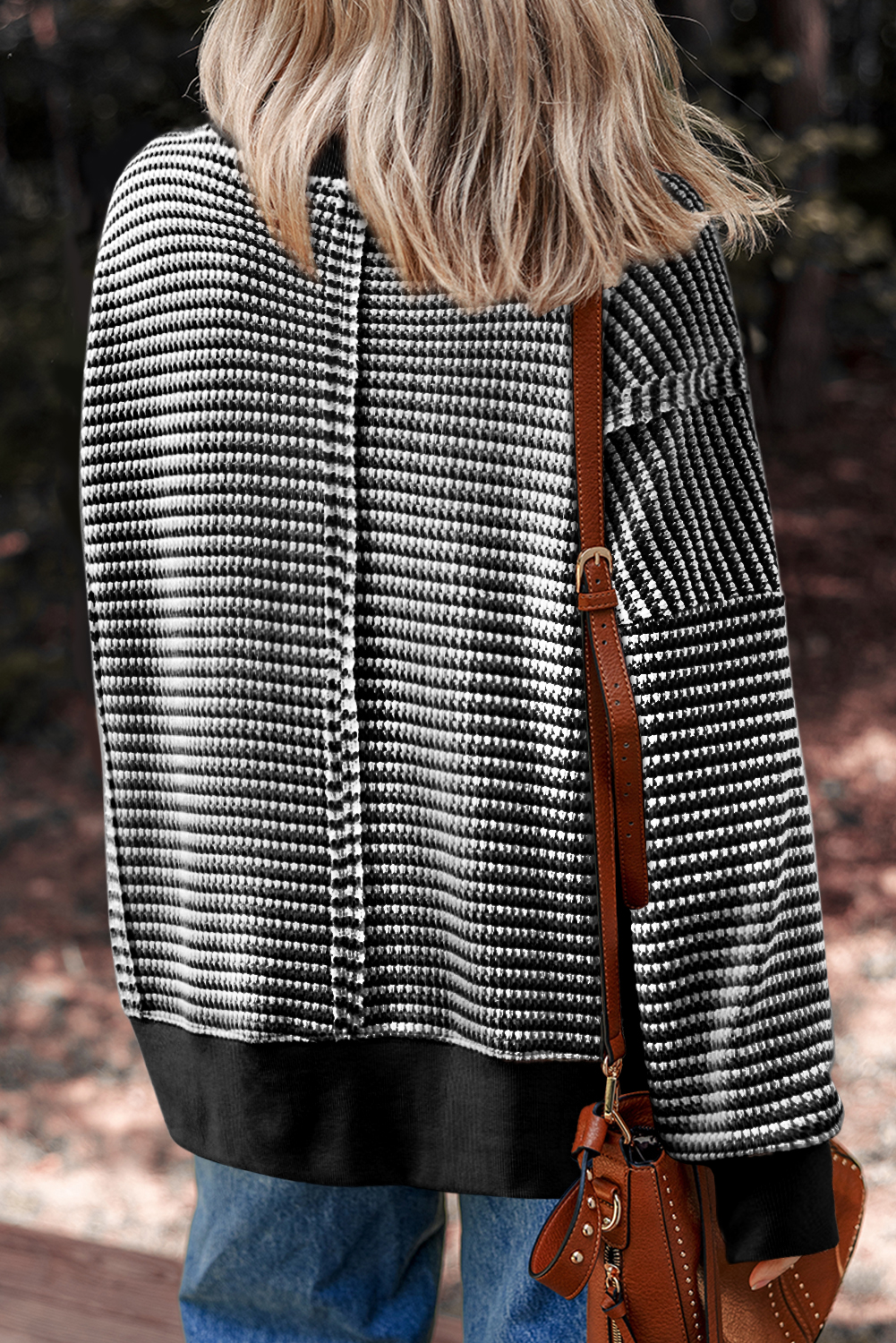 Black Stripe Ribbed Trim Drop Shoulder Long Sleeve Oversize Top - Image 2