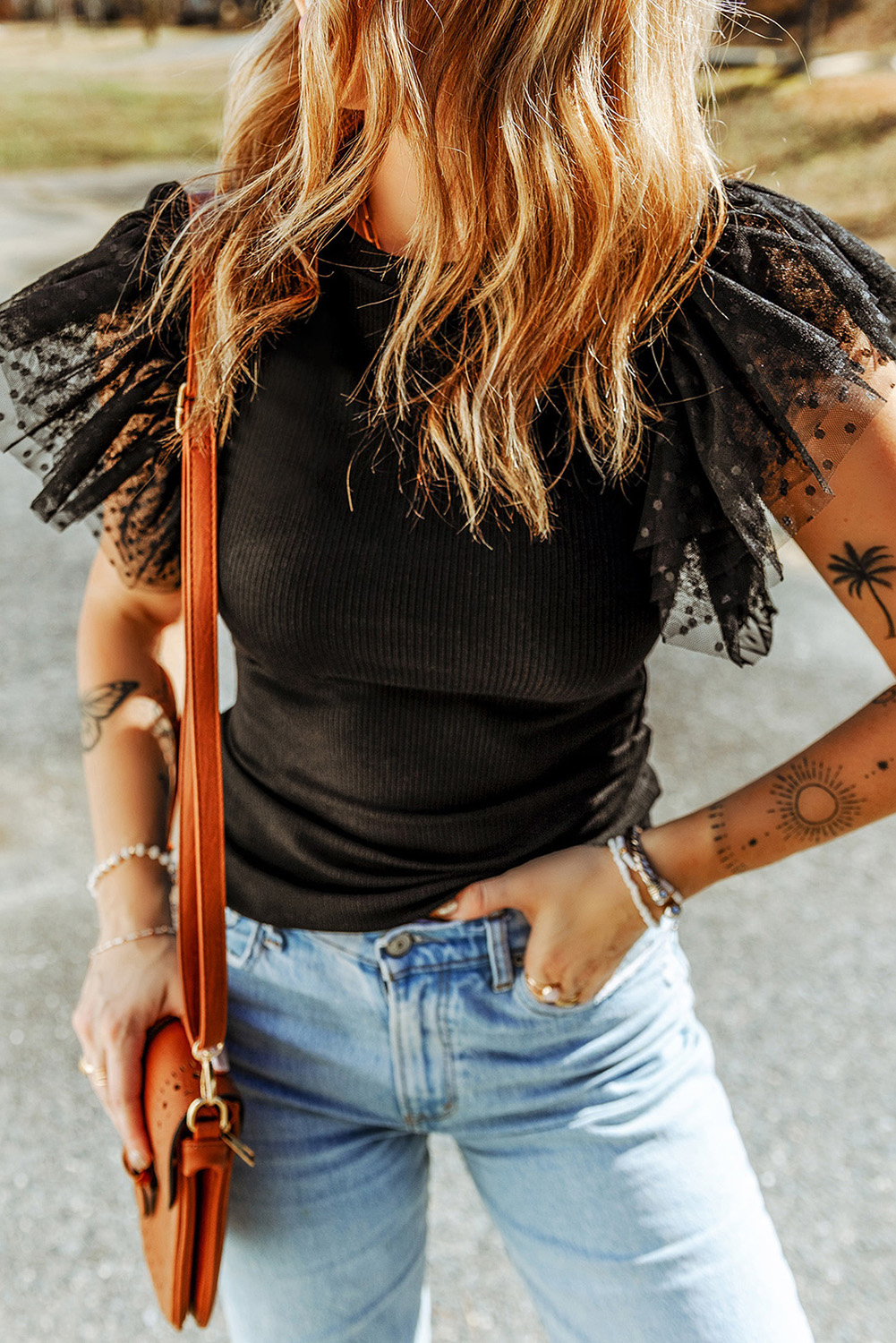 Black Dotty Mesh Ruffle Sleeve Ribbed Knit Top - Image 6