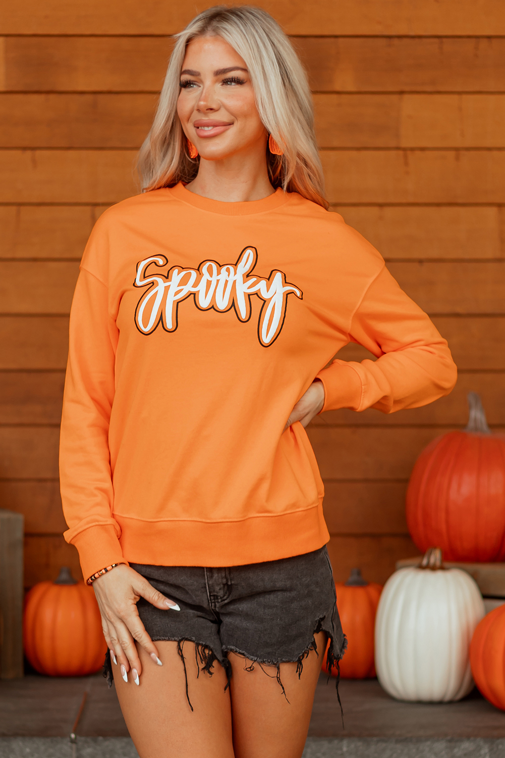 Grapefruit Orange Spooky Graphic Halloween Crew Neck Holiday Sweatshirt - Image 4