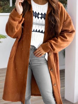 Gold Flame Textured Collared Drop Shoulder Buttoned Front Duster Coat