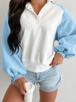Beau Blue Colorblock Snap Buttons Pullover Sweatshirt