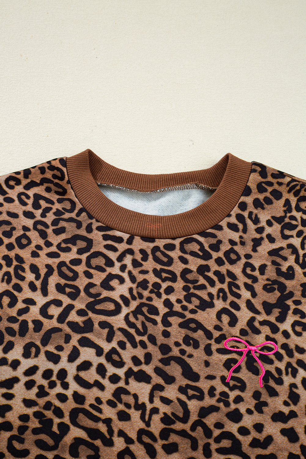 Coffee Leopard Print Contrast Trim Long Sleeve Top and Pants Set - Image 8