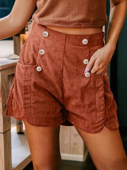 Clay Button Decor Scalloped Edge High Waist Corduroy Shorts