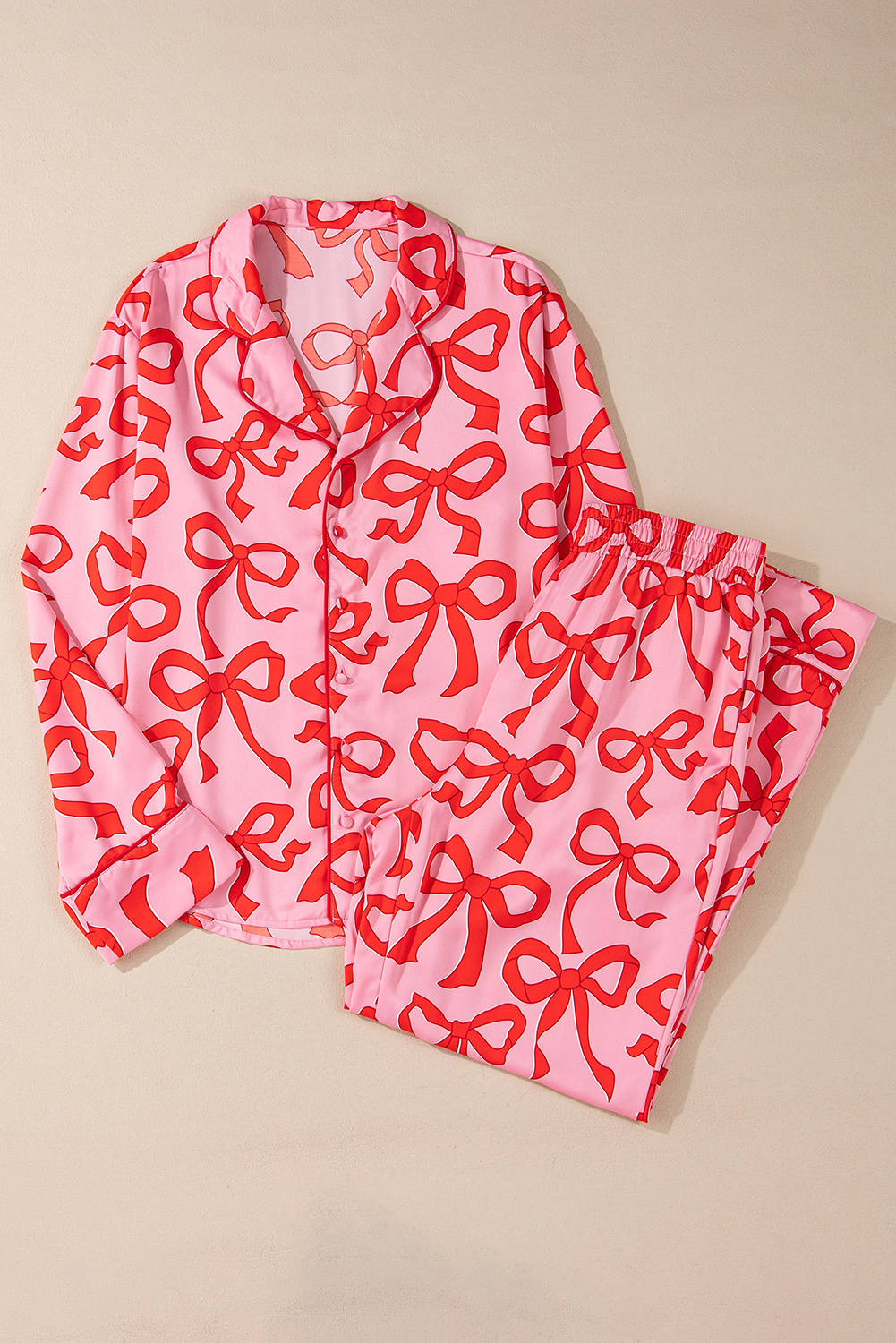 Pink 2pcs Bow Print Shirt Style Long Sleeve Pajama Set - Image 3