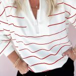 Fiery Red Zip V Neck Casual Stripe Print Drop Shoulder Long Sleeve Top