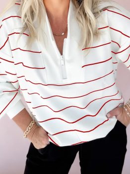 Fiery Red Zip V Neck Casual Stripe Print Drop Shoulder Long Sleeve Top