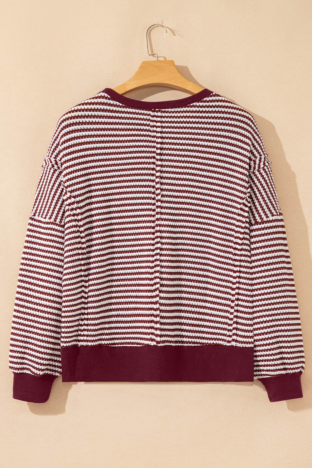 Red Stripe Ribbed Trim Drop Shoulder Long Sleeve Oversize Top - Image 4