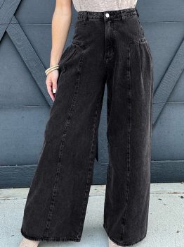 Dark Grey Pleated Wide Leg Mineral Wash Denim Pants