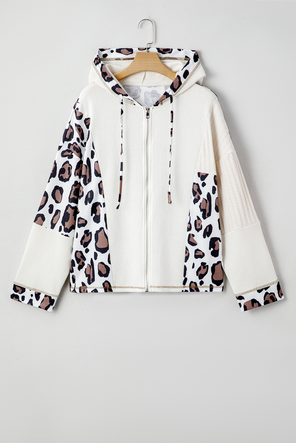Apricot Oversized Leopard Contrast Mixed Texture Patchwork Zip Up Drop Shoulder Hoodie - Image 3