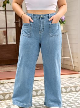 Dusk Blue Patched Pocket Textured Wide Leg Plus Size Jeans