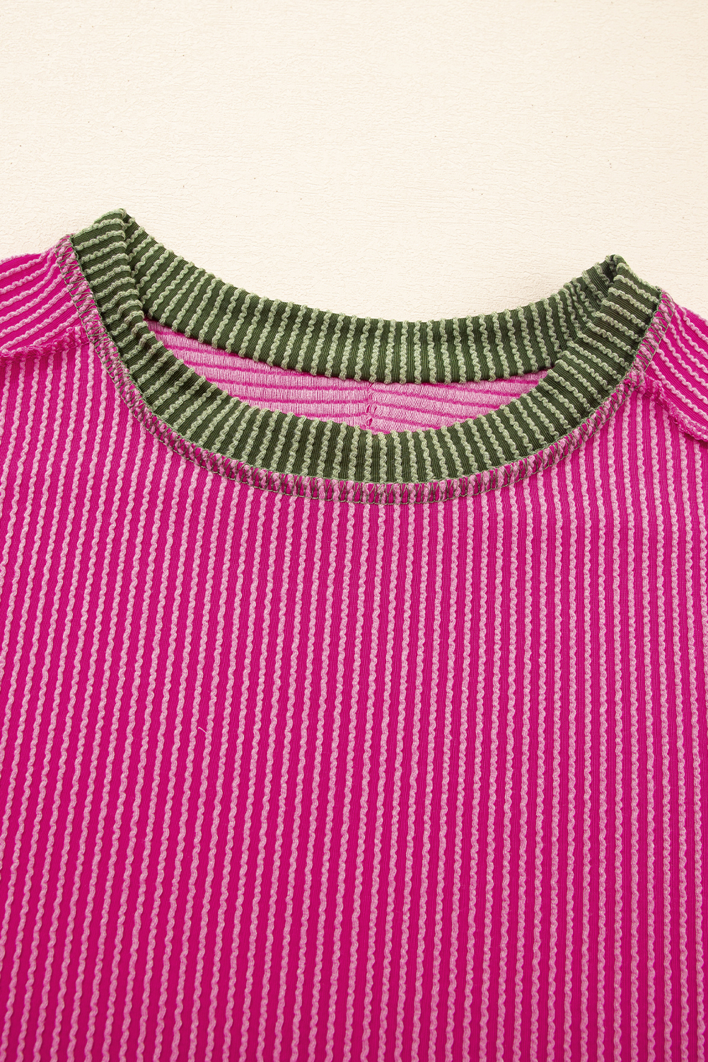 Rose Red Textured Contrast Trim Round Neck T Shirt - Image 8