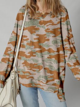 Brown Retro Camouflage Print Exposed Seam Patchwork Drop Shoulder Sweatshirt