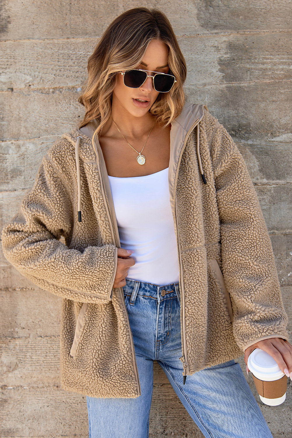 Pale Khaki Fleece Zip Up Drawstring Hooded Pocketed Jacket - Image 3