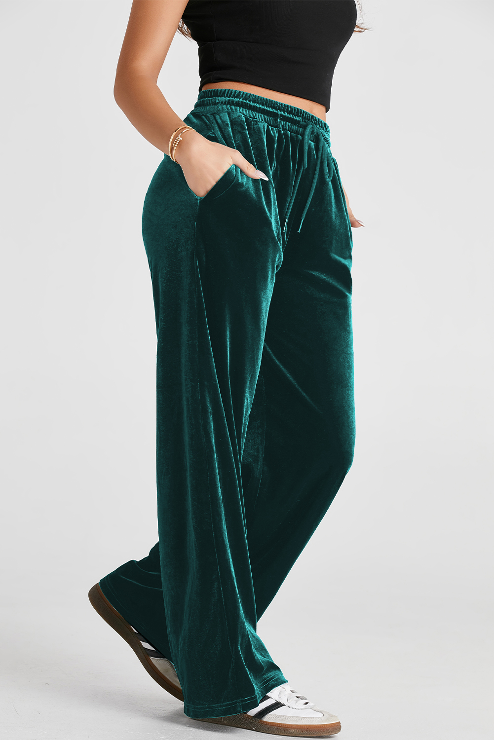 Evergreen Solid Drawstring Waist Wide Leg Pants - Image 5