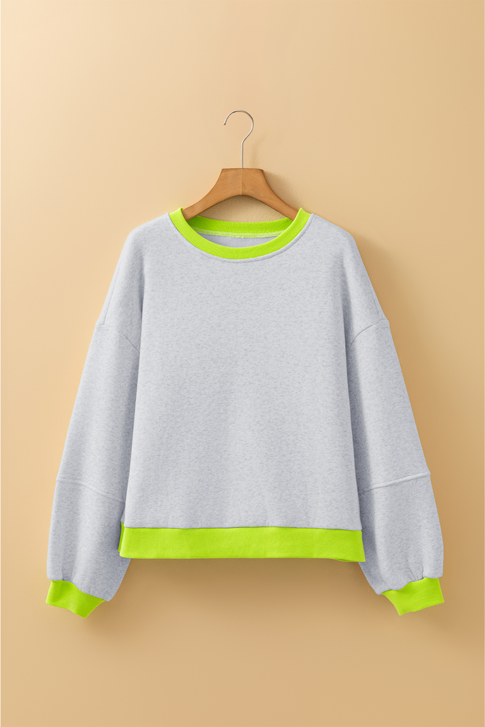 Light Grey Contrast Color Banding Patchwork Puff Sleeve Loose Sweatshirt - Image 4