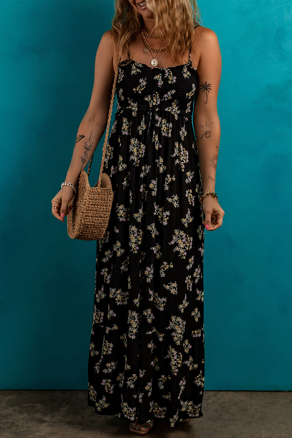 Black Floral Spaghetti Strap Shirred Bodice Tied Empire Waist Maxi Dress - Image 7
