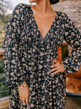 Black Floral Deep V Neck Smocked Bust Bubble Sleeve Babydoll Dress