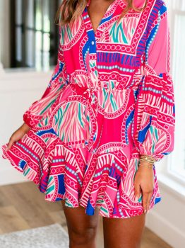 Rose Boho Abstract Printed Puff Sleeve Drawstring Waist Ruffled Mini Dress