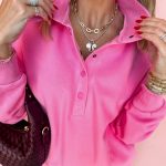 Bright Pink Half Button Stand Neck Drop Shoulder Sweatshirt