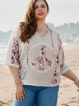 Khaki V Neck Floral Peace Sign Graphic Lace Patch Ribbed Plus Size Hooded Top