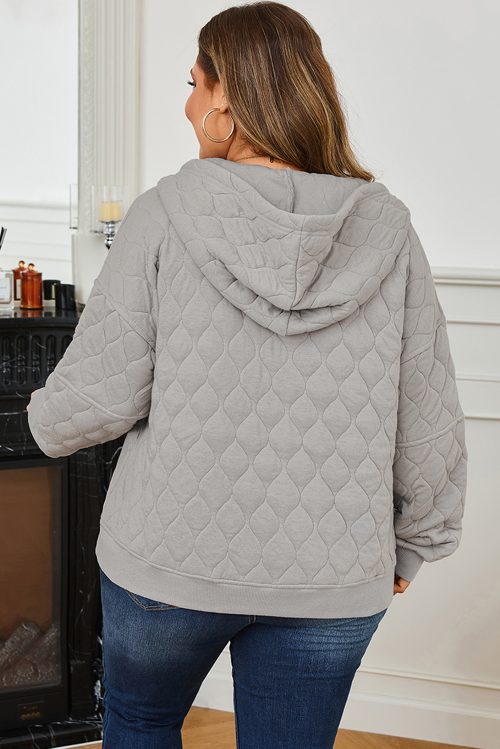 Gray Quilted Quarter Zip Plus Size Hoodie - Image 2