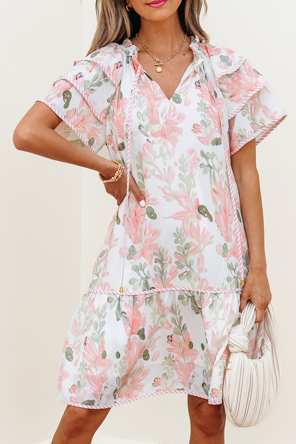 Pink Floral Contrast Edge Layered Short Sleeve Mini Dress - Image 7