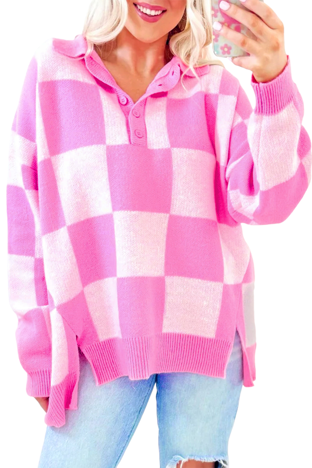Pink Checkerboard Half Button Collared Drop Shoulder Sweater - Image 5