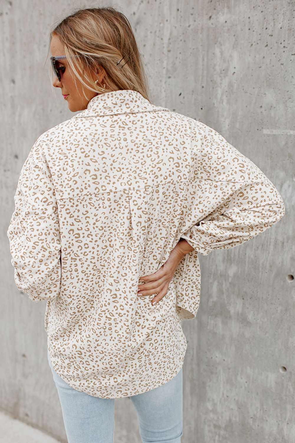 Beige Leopard Print Flap Pockets Buttoned Corduroy Shacket - Image 8
