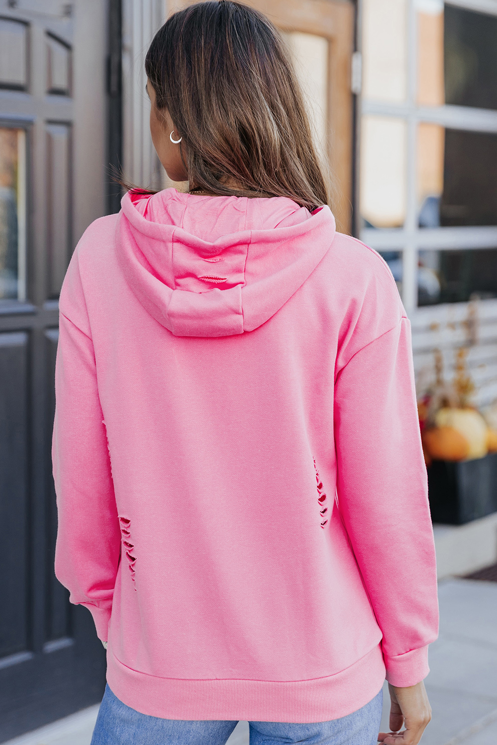 Pink Solid Ripped Hooded Sweatshirt with Kangaroo Pocket - Image 2
