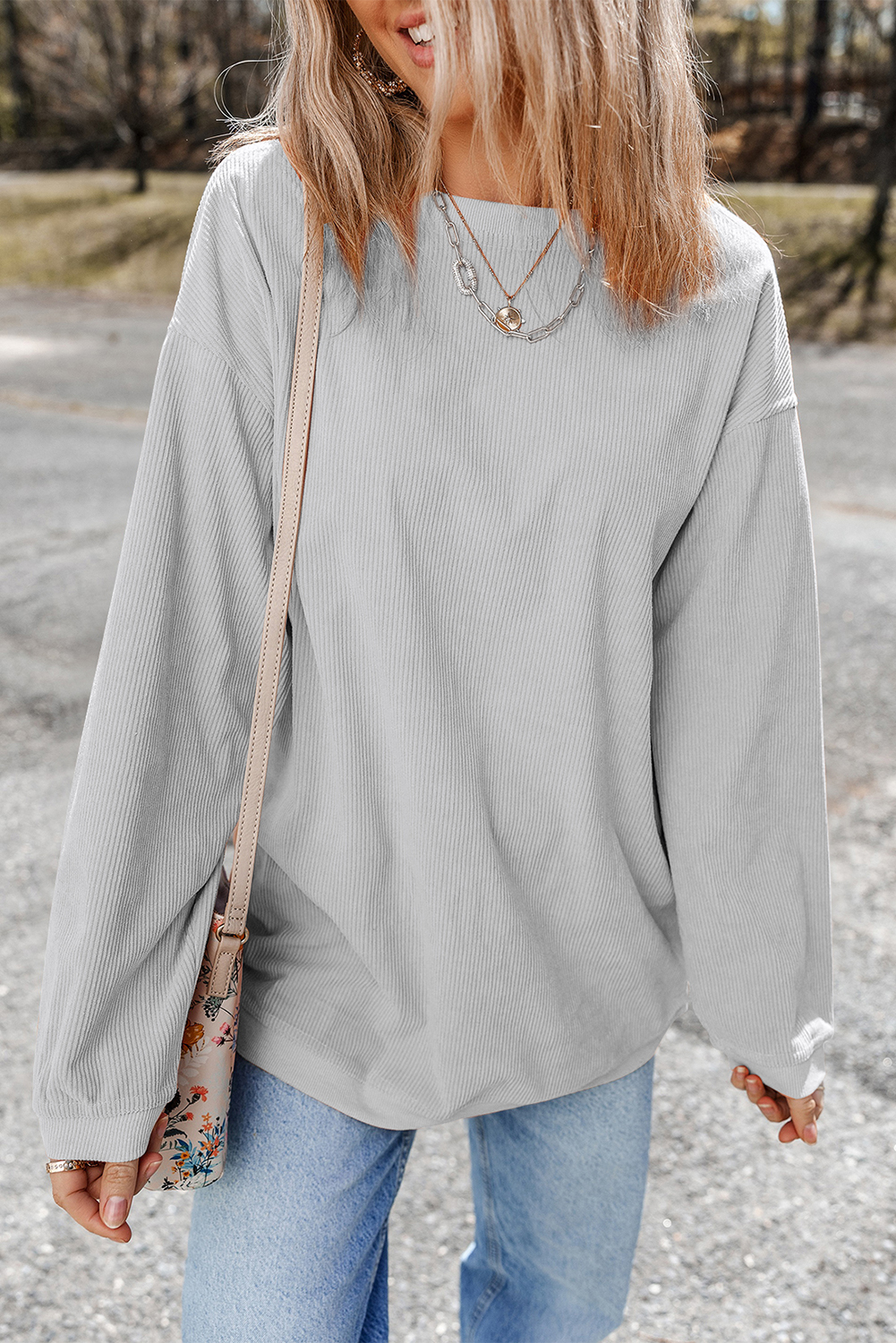 Light Grey Ribbed Corduroy Oversized Sweatshirt - Image 3