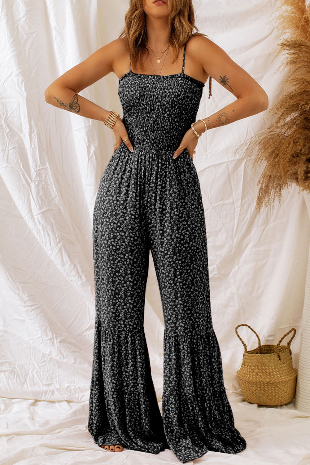 Black Thin Straps Smocked Bodice Wide Leg Floral Jumpsuit - Image 3