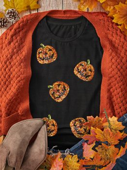 Black Sequin Pumpkin Face Halloween T Shirt