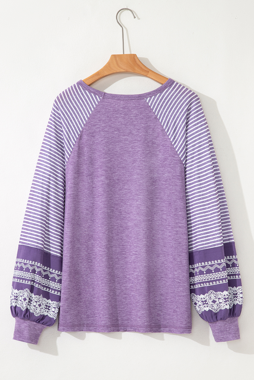 Tillandsia Purple Contrast Print Striped Raglan Long Sleeve Loose Top - Image 4