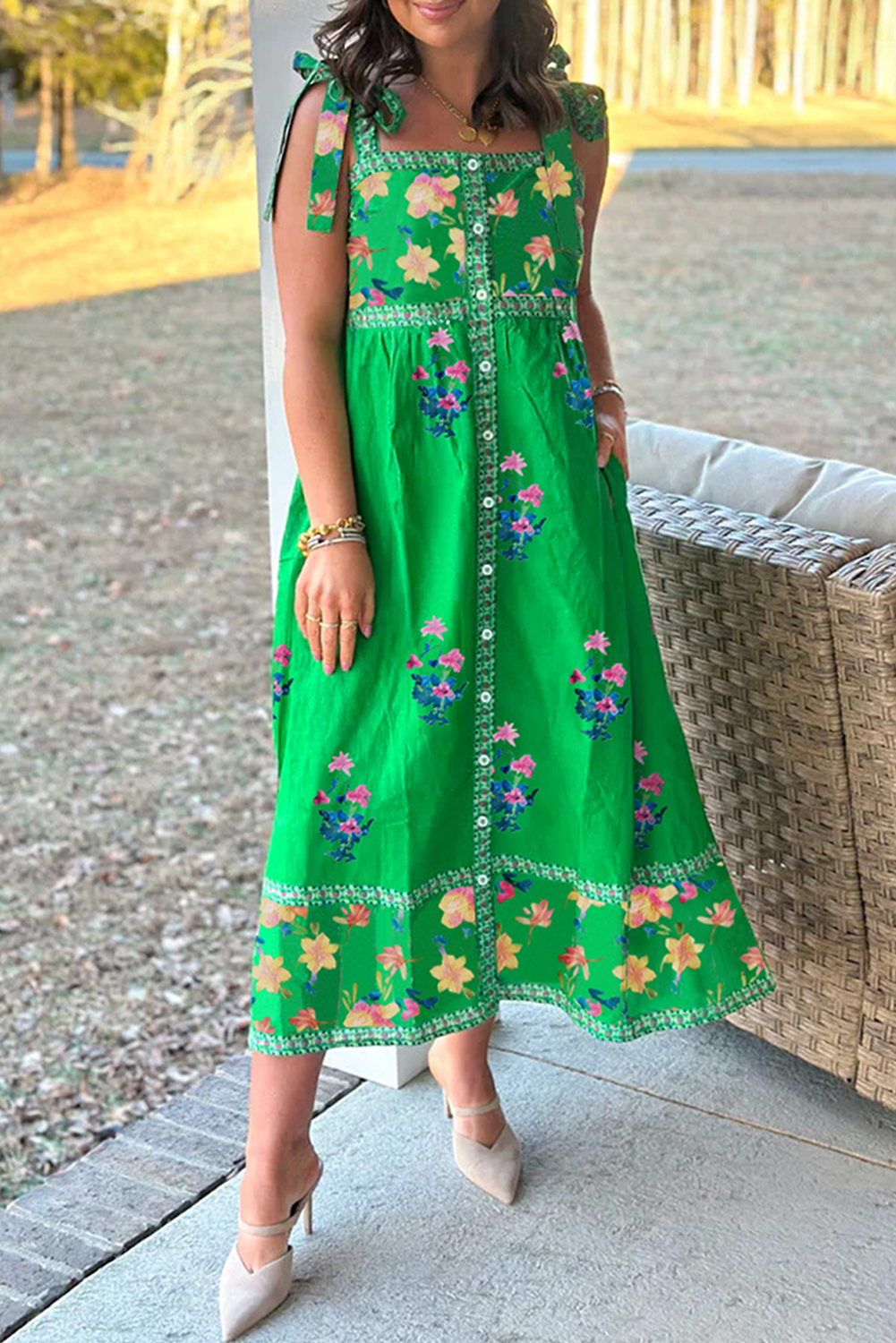 Green Floral Print Contrast Trim Knotted Straps Midi Dress
