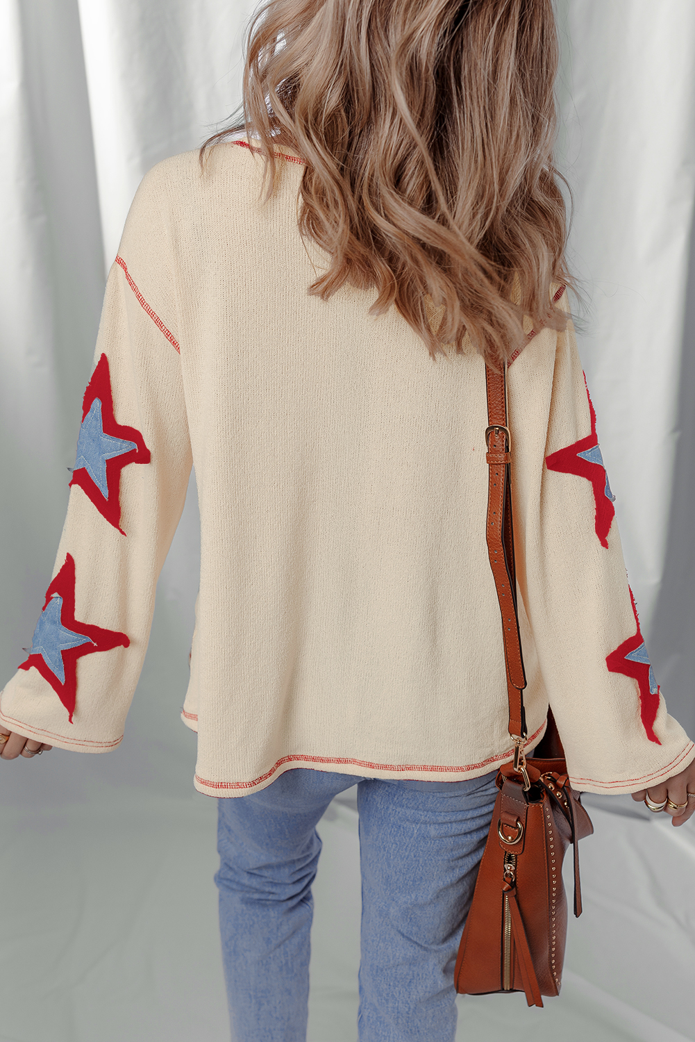 Beige USA Star Contrast Patchwork Exposed Seam Long Sleeve Top - Image 2