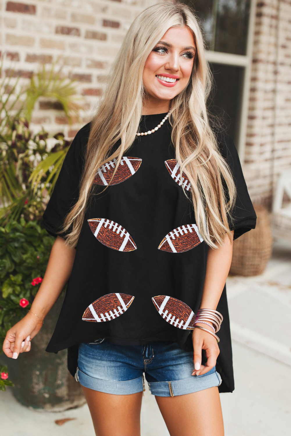 Black Sequin Rugby Football Patched Crewneck Loose T Shirt - Image 3