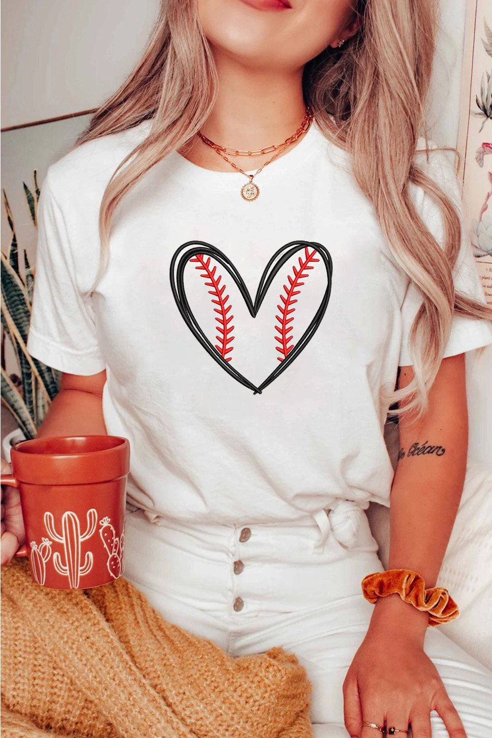 White Baseball Heart Shape Embroidery Graphic Tee - Image 2