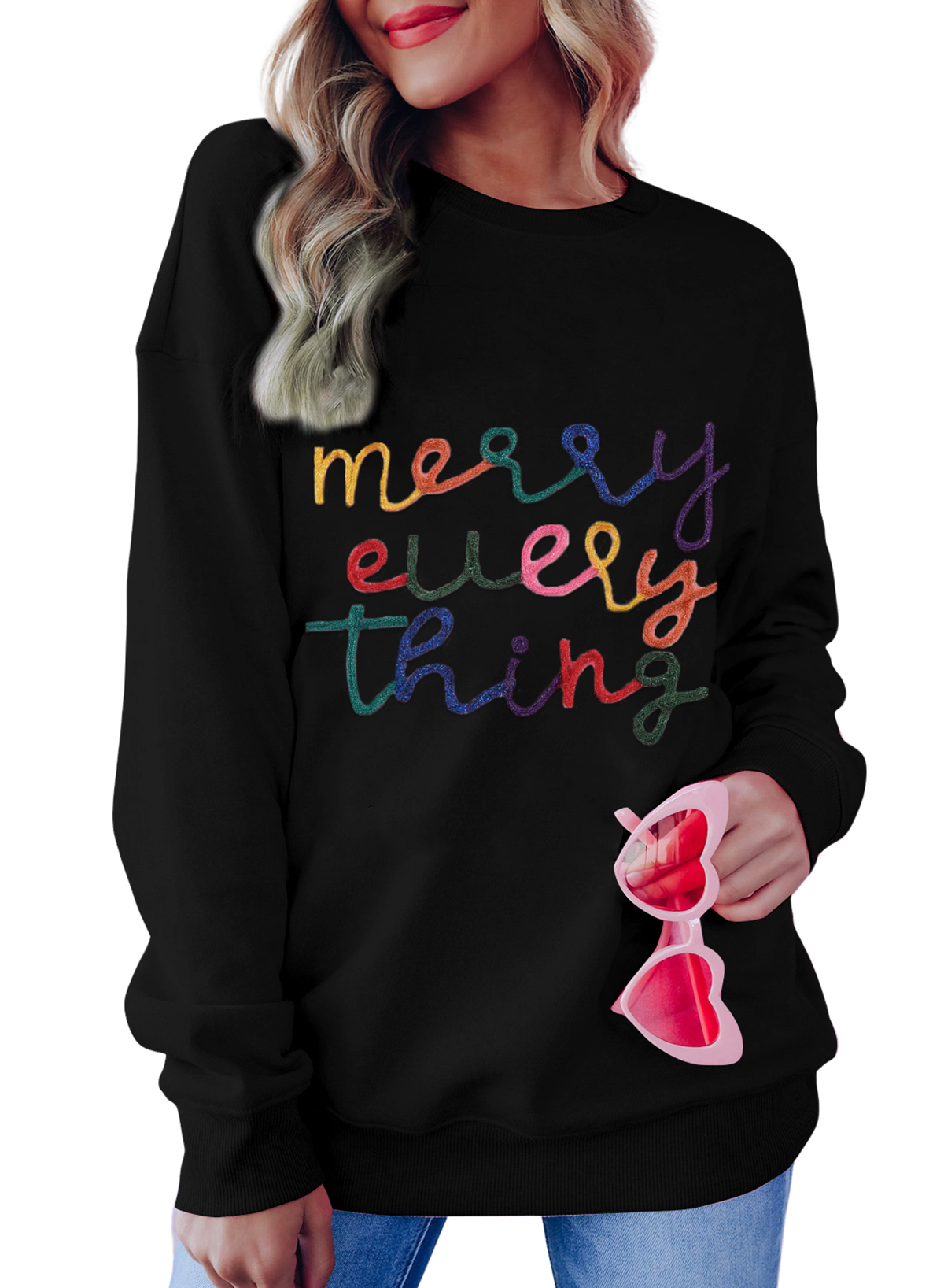 Black Merry Every Thing Tinsel Slogan Sweatshirt - Image 4