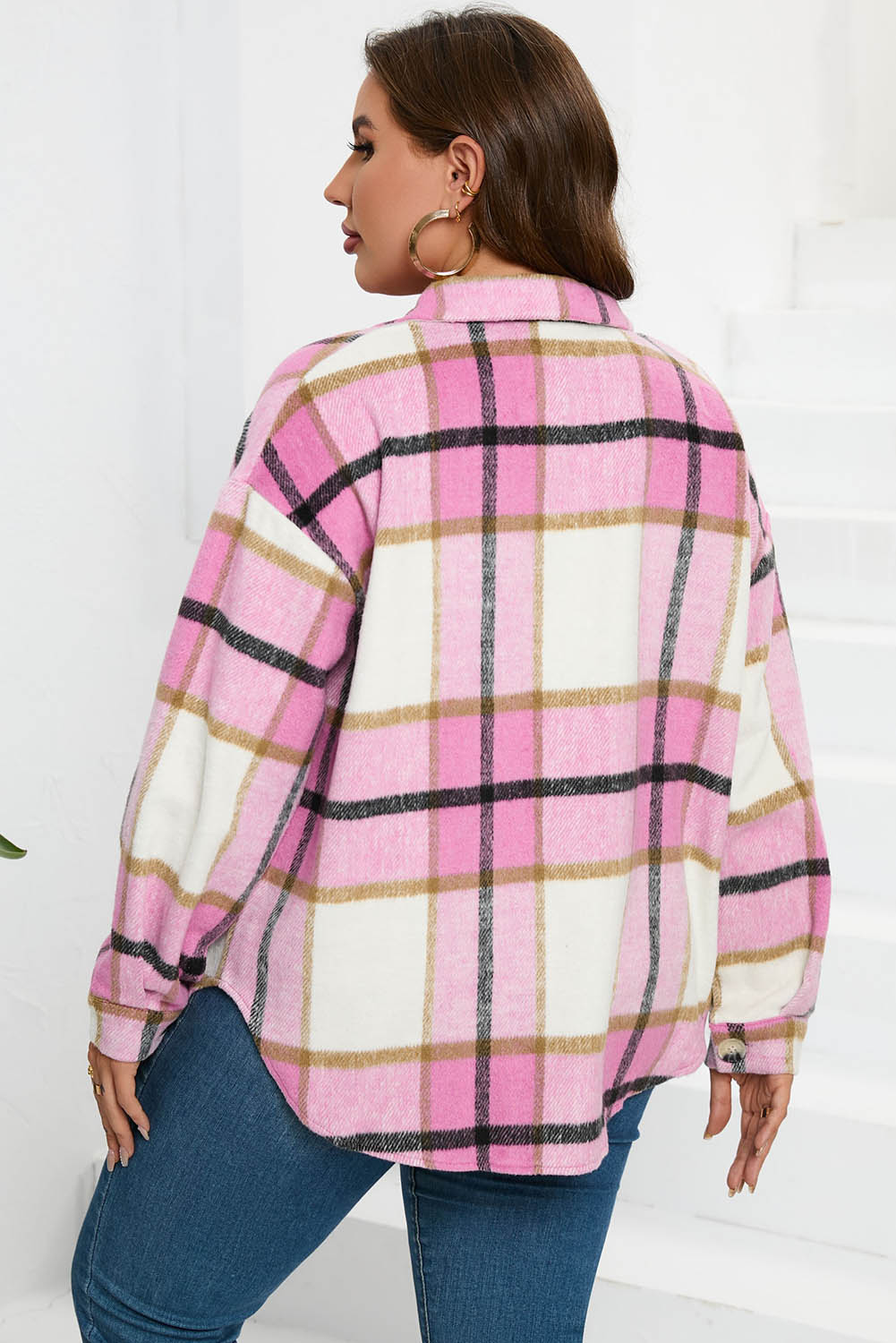 Pink Plaid Color Block Buttoned Long Sleeve Jacket with Pocket - Image 2