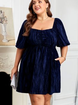 Navy Blue Velvet Ruched Bust Square Neck Short Puff Sleeve Plus Dress